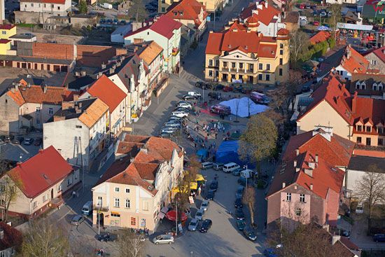 Mikolajki - panorama na rynek miasta. EU, Pl, Warm-Maz. LOTNICZE.